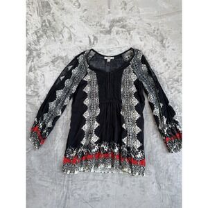 Vintage America Blues Tunic Blouse Womens LG Boho Peasant Hippi Cold Shoulder